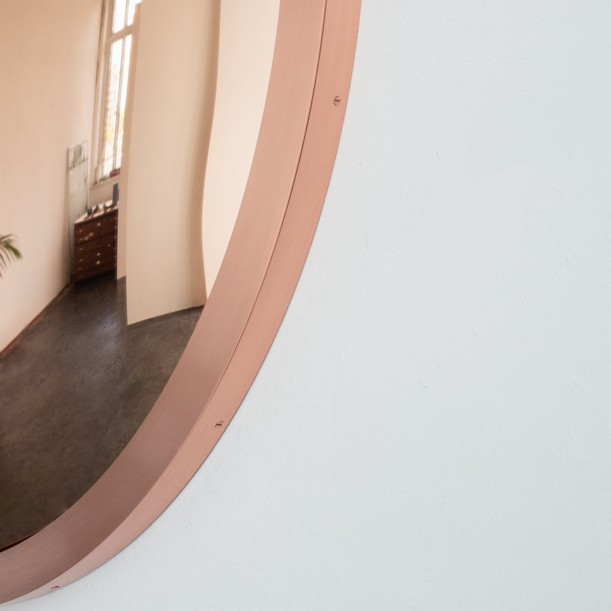 In Stock Orbis™ Round Rose Gold Convex Handcrafted Mirror with Brushed Copper Frame