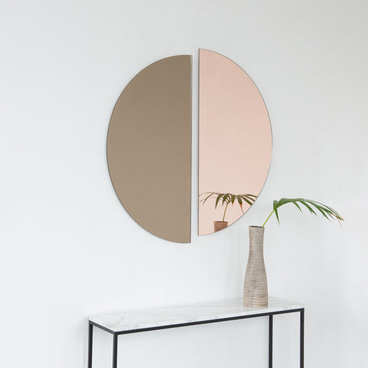 Set of 2 Luna™ Round Half-Moon Pieces Mixed Tint Bronze + Rose Gold Contemporary Frameless Mirrors