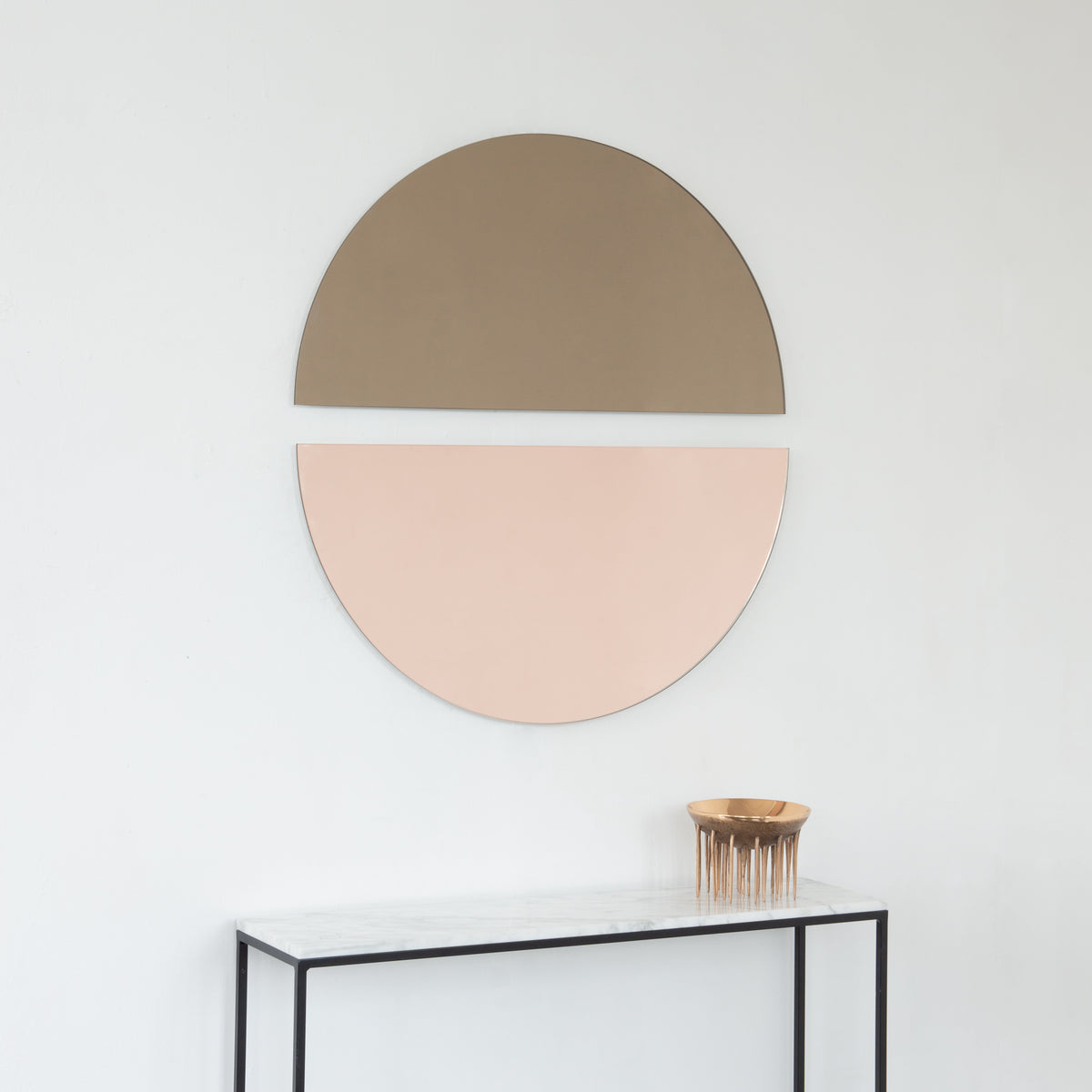 Set of 2 Luna™ Round Half-Moon Pieces Mixed Tint Bronze + Rose Gold Contemporary Frameless Mirrors