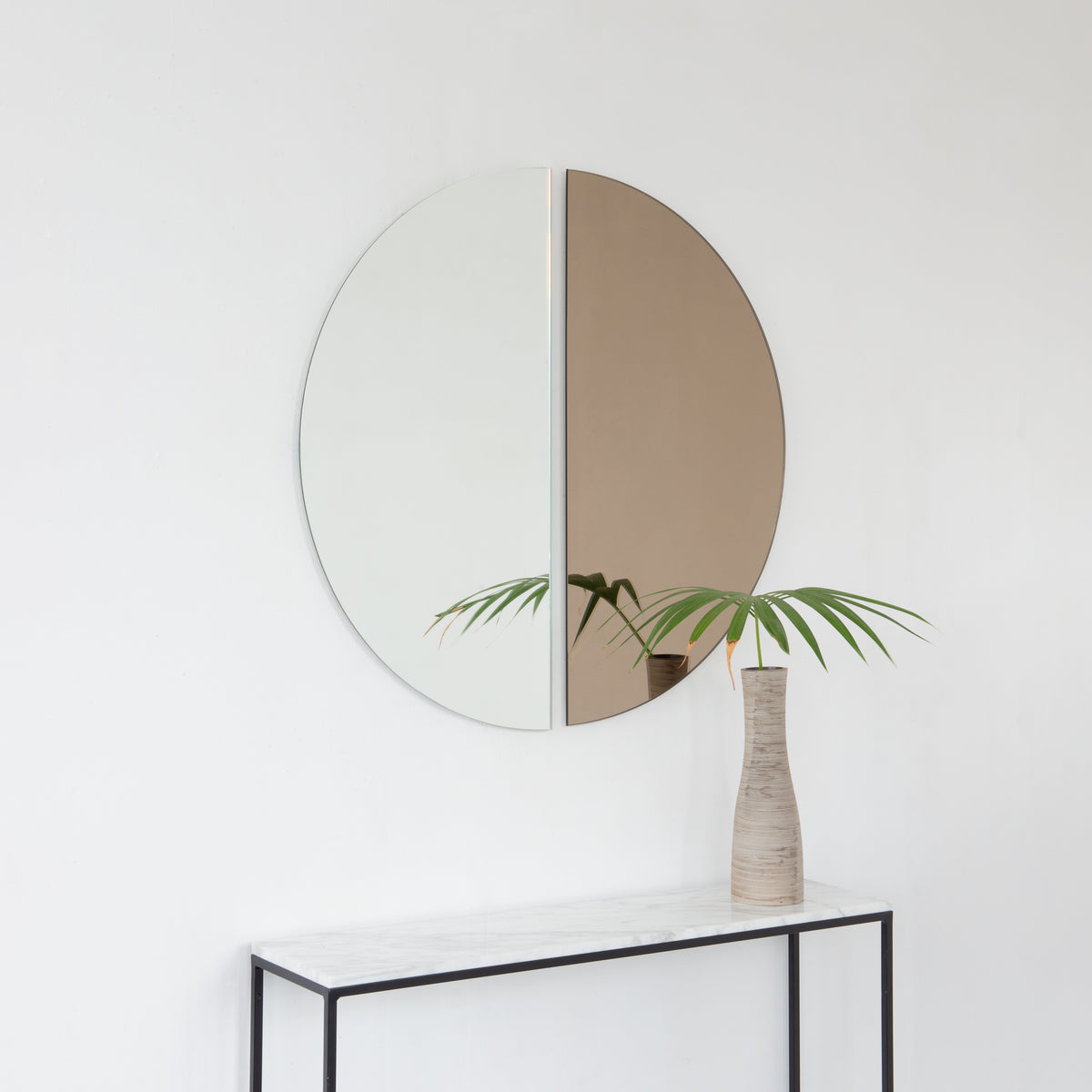 Set of 2 Round Half-Moon Bronze  Silver Tinted Contemporary Frameless Mirrors