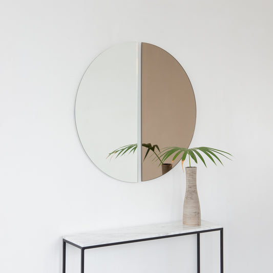 Set of 2 Round Half-Moon Bronze  Silver Tinted Contemporary Frameless Mirrors