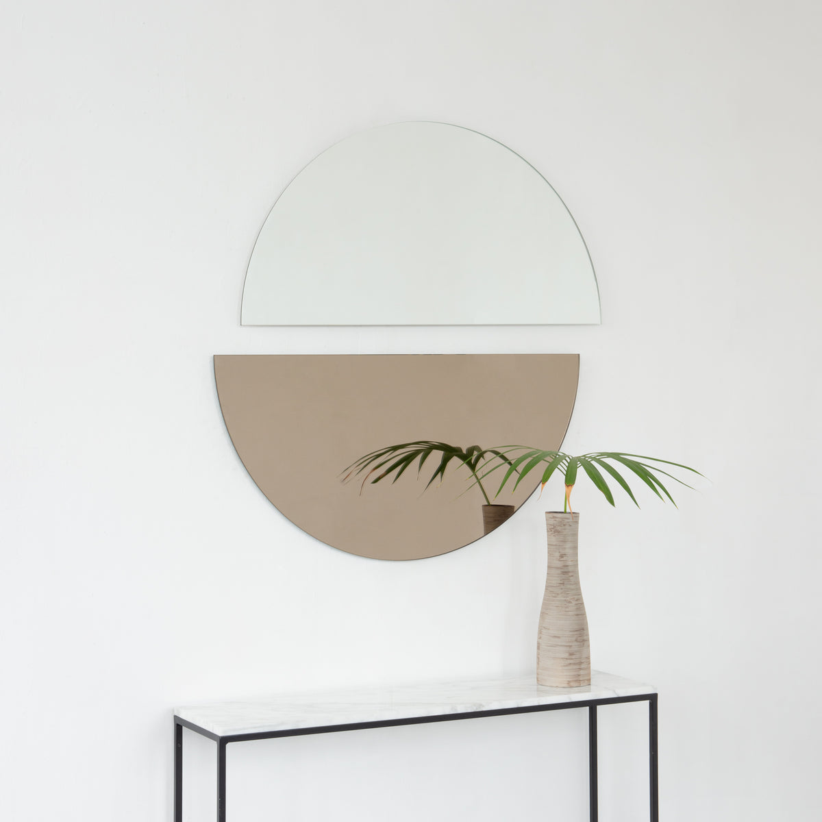 Set of 2 Luna™ Round Half-Moon Bronze + Std. Silver Tinted Minimalist Frameless Mirrors