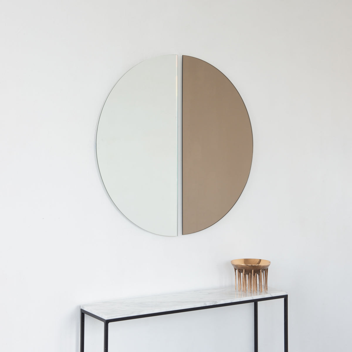 Set of 2 Luna™ Round Half-Moon Bronze + Std. Silver Tinted Minimalist Frameless Mirrors