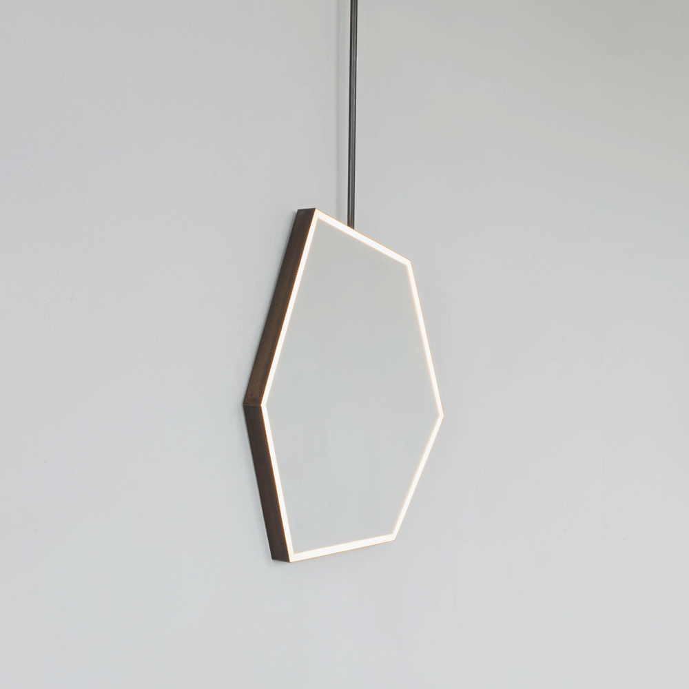 Ceiling Suspended Front Illuminated Irregular Hexagon Mirror with Minimalist Bronze Patina Frame and ON / OFF Sensor Switch