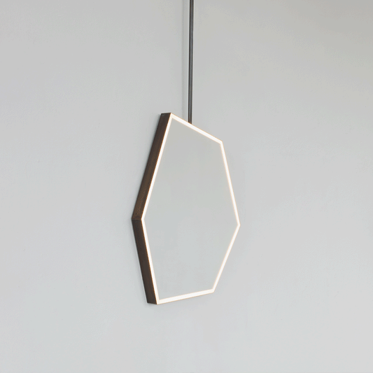 Ceiling Suspended Front Illuminated Irregular Hexagon Mirror with Minimalist Bronze Patina Frame and ON / OFF Sensor Switch