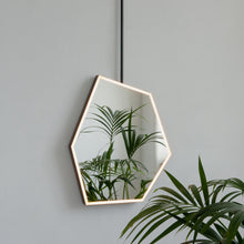 Ceiling Suspended Front Illuminated Irregular Hexagon Mirror with Minimalist Bronze Patina Frame and ON / OFF Sensor Switch
