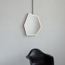 Ceiling Suspended Front Illuminated Irregular Hexagon Mirror with Minimalist Bronze Patina Frame and ON / OFF Sensor Switch