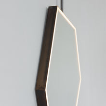 Ceiling Suspended Front Illuminated Irregular Hexagon Mirror with Minimalist Bronze Patina Frame and ON / OFF Sensor Switch