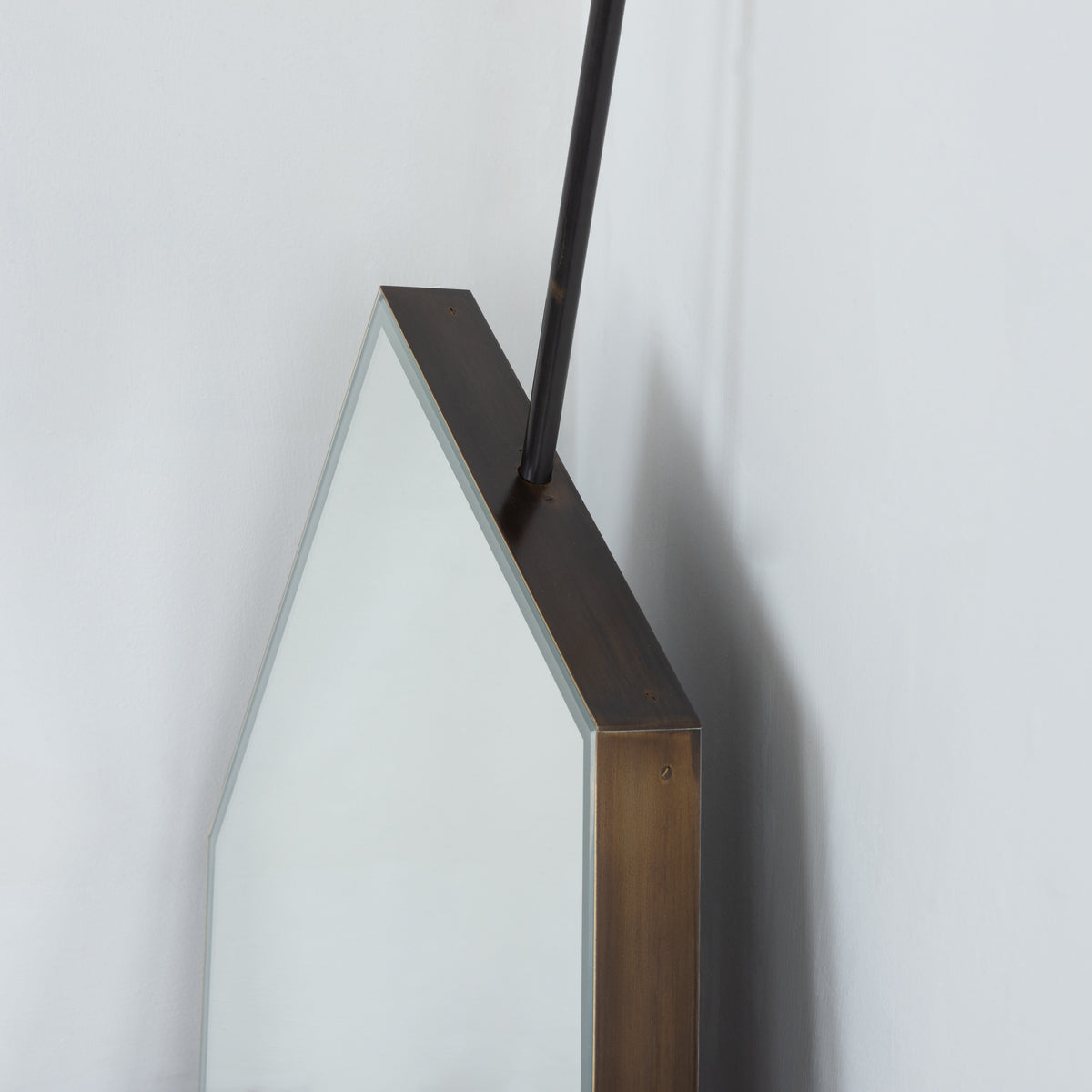 Ceiling Suspended Front Illuminated Irregular Hexagon Mirror with Minimalist Bronze Patina Frame and ON / OFF Sensor Switch