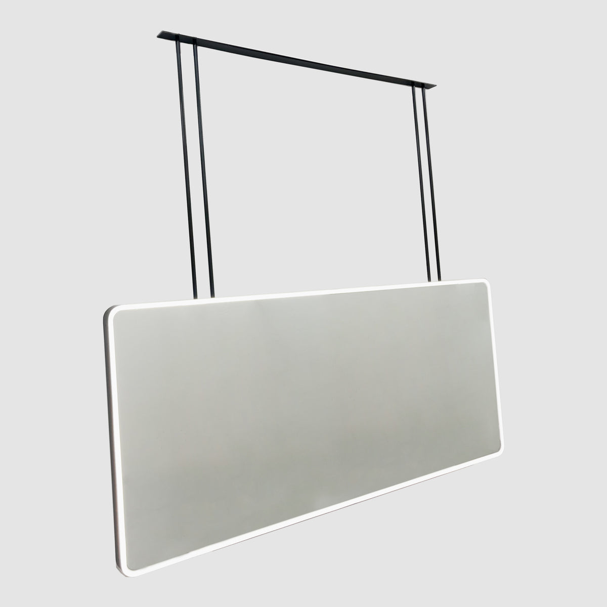 Oversized modern ceiling suspended Quadris™ front illuminated rectangular double sided mirror with a handcrafted blackened metal frame