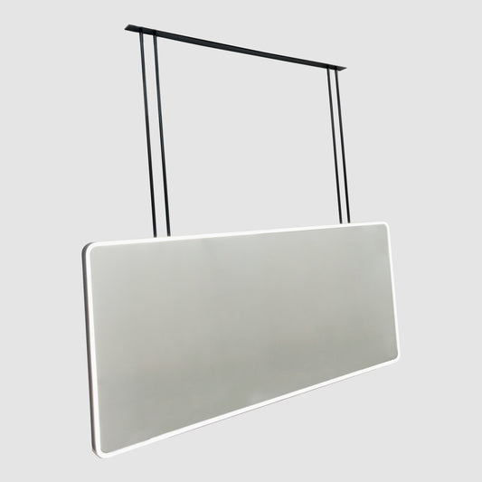 Oversized modern ceiling suspended Quadris™ front illuminated rectangular double sided mirror with a handcrafted blackened metal frame