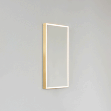 Front illuminated Quadris™ rectangular mirror with square corners and a solid brushed brass frame