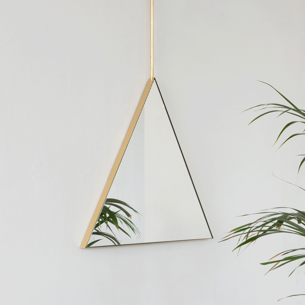 Reversible Triangular Ceiling Suspended Bathroom Contemporary Mirror with Brass Frame