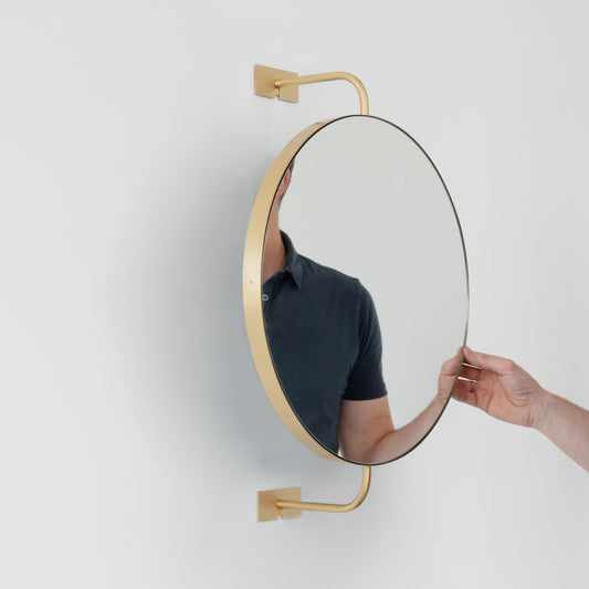 Wall Attached Rotating Round Modern Mirror with Brass Frame