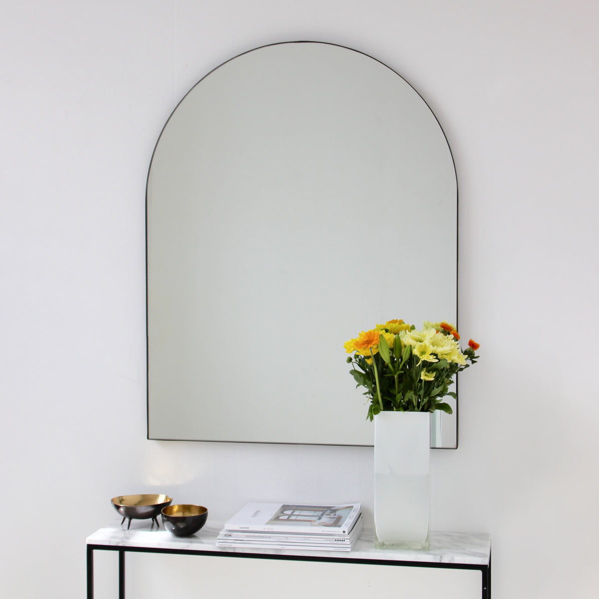 In Stock Arcus™ Arch shaped Overmantel Mirror with Contemporary Bronze Patina Frame