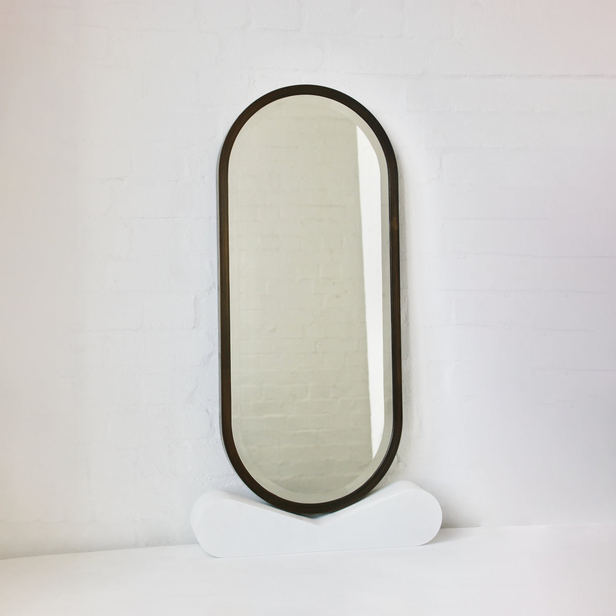 Capsule Shape Bevelled Mirror with Bronze Patina Full Frame