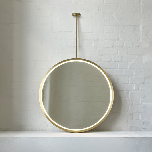 Orbis™ Ceiling-Suspended Illuminated Round Mirror with Full Brass Frame