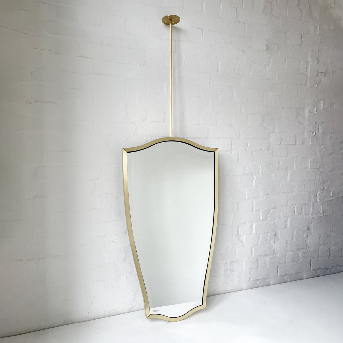 Ceiling-Suspended Vintage N.7 Freeform Mirror with a Bevel and a Brass Full Frame