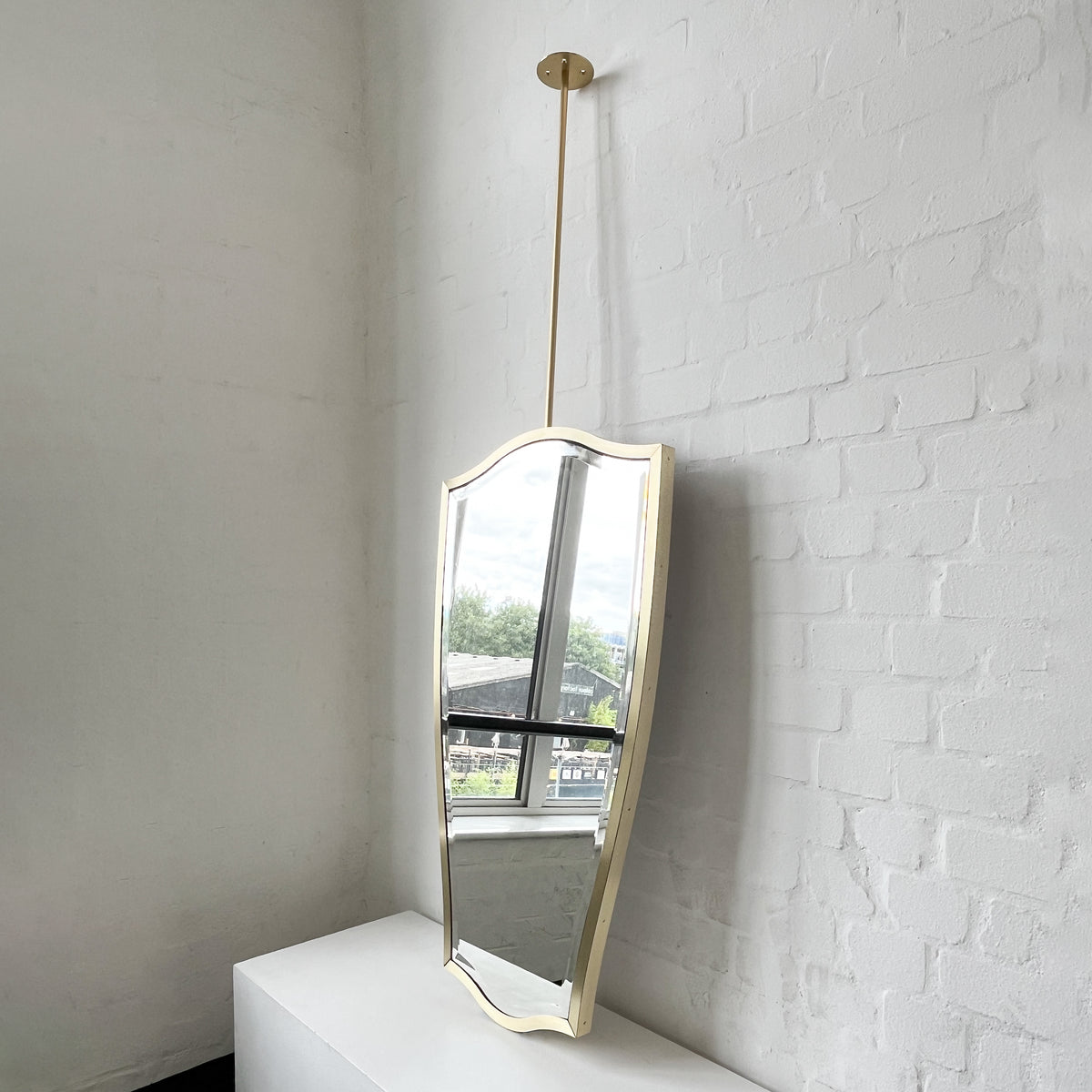 Ceiling-Suspended Vintage N.7 Freeform Mirror with a Bevel and a Brass Full Frame
