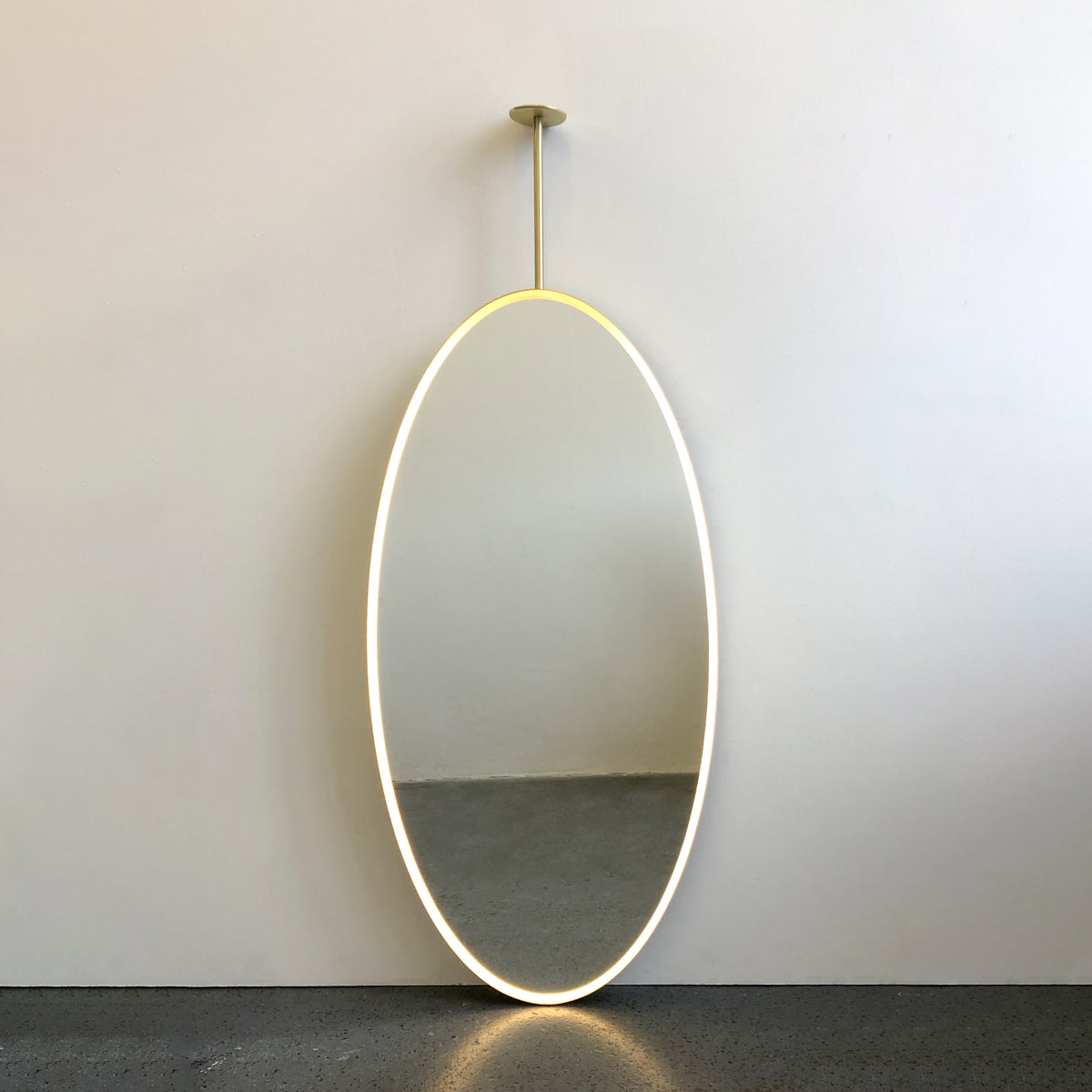  Illuminated Ceiling Suspended Contemporary Oval Mirror with a Brass Frame