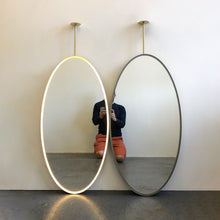  Illuminated Ceiling Suspended Contemporary Oval Mirror with a Brass Frame