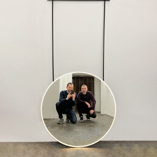 Modern Orbis™ Illuminated Ceiling Suspended Round Mirror with Black Frame