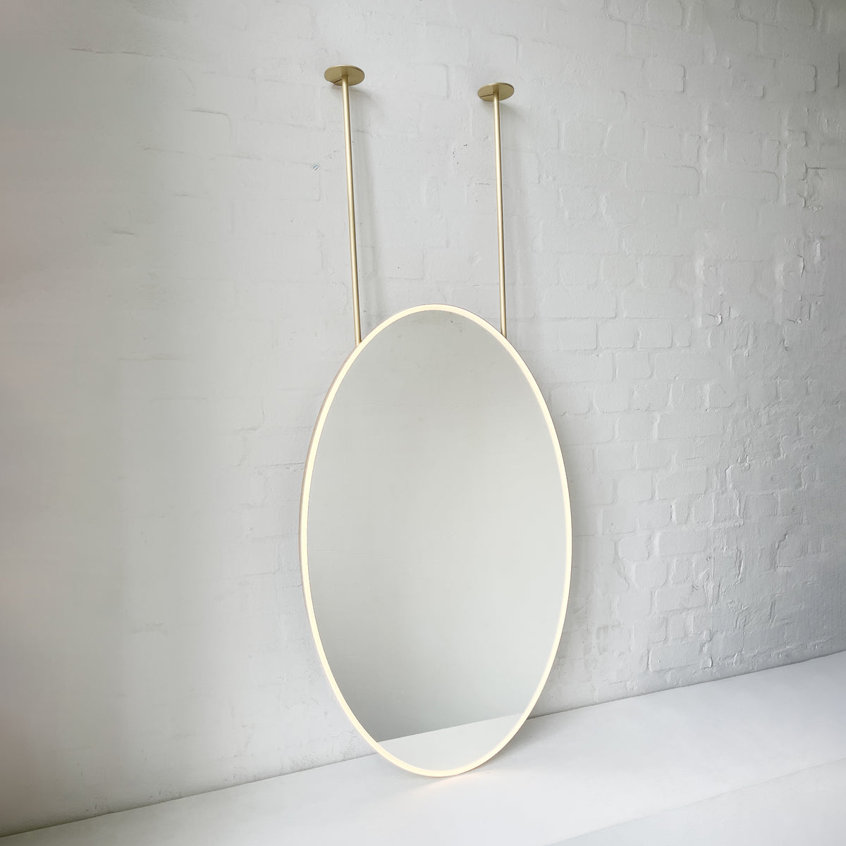 Ceiling Suspended Front Illuminated Oval Mirror, Brass Frame