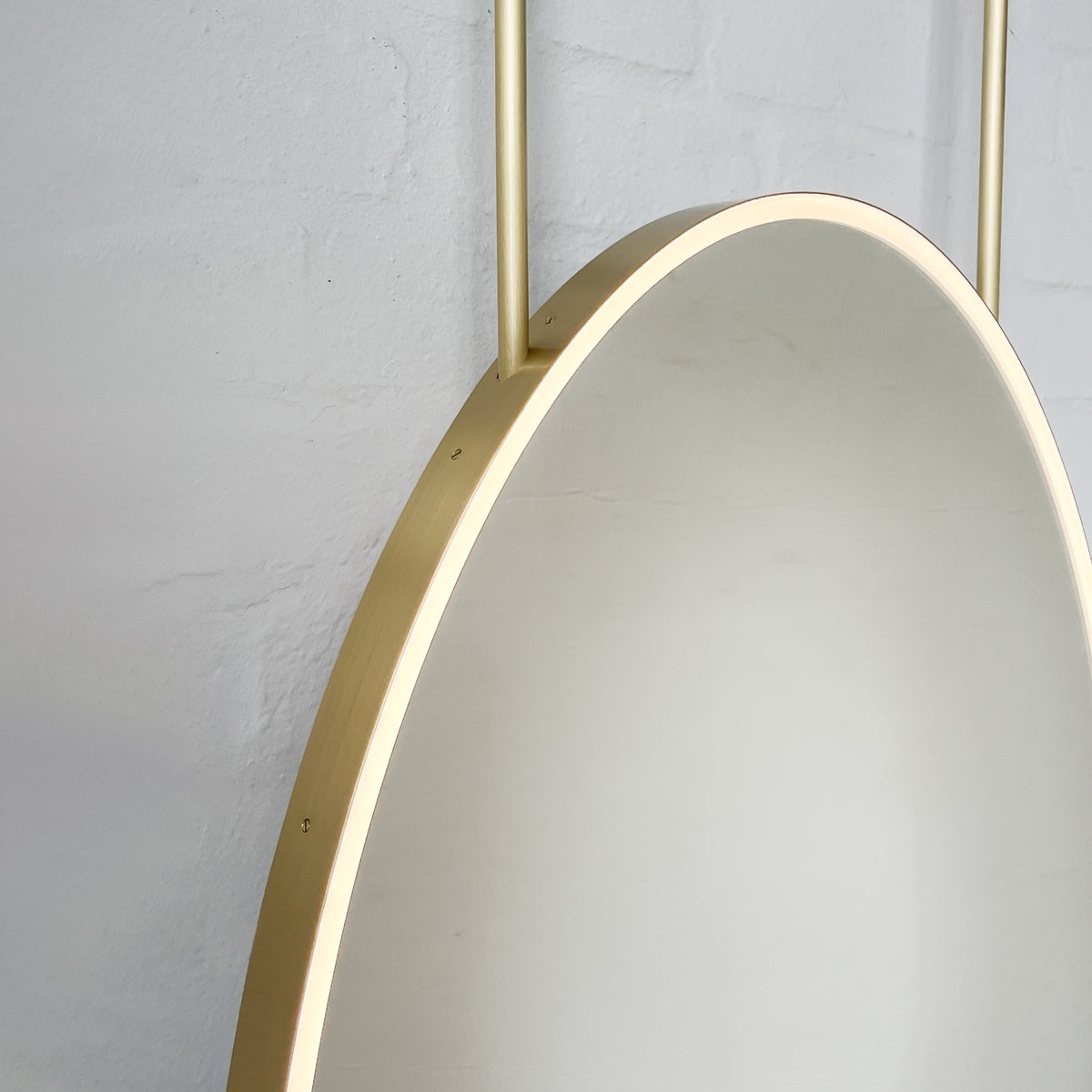 Ceiling Suspended Front Illuminated Oval Mirror, Brass Frame
