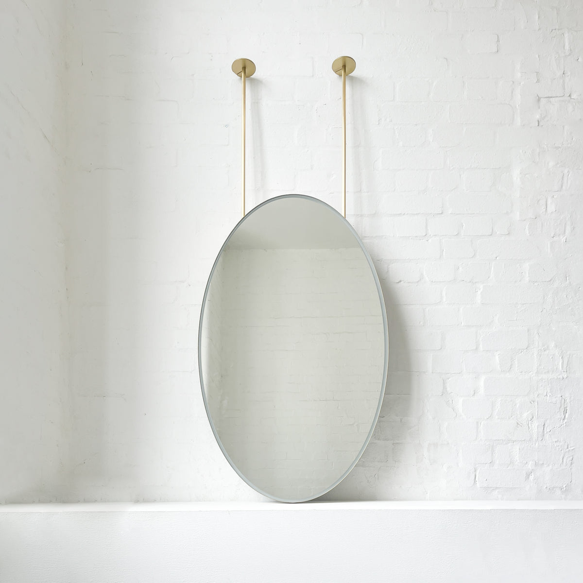 Ceiling Suspended Front Illuminated Oval Mirror, Brass Frame