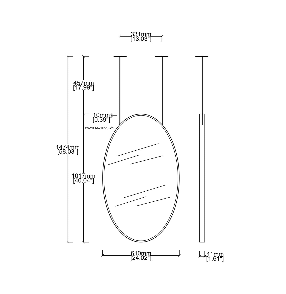 Ovalis™ Ceiling-Suspended Oval Mirror with Front Illumination, Brass Frame