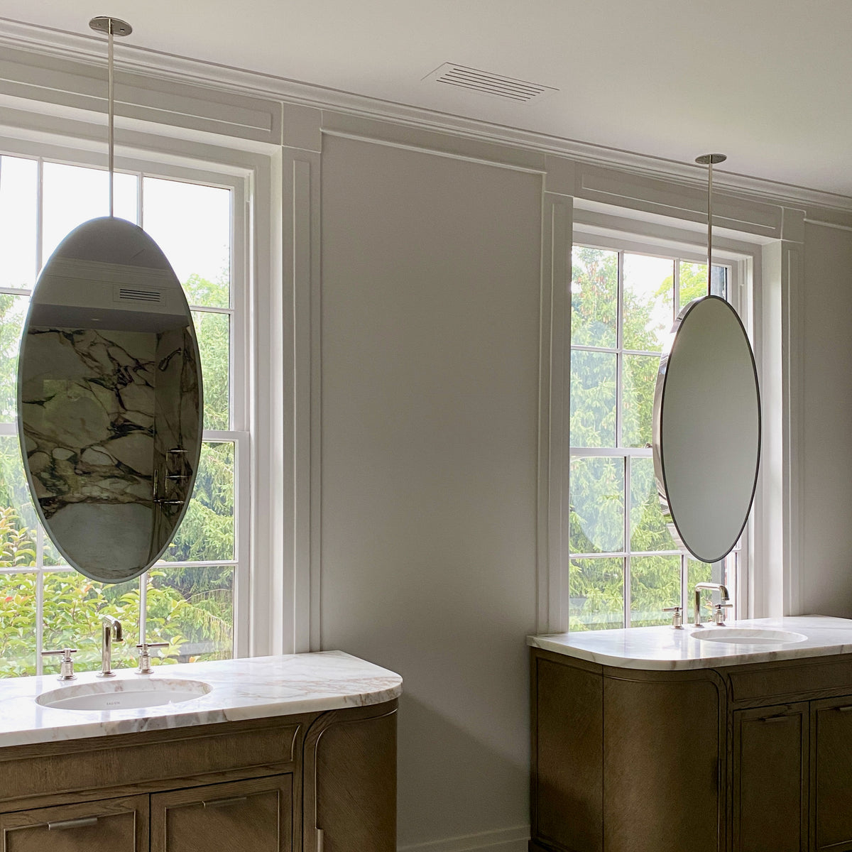 Ovalis™ Illuminated Ceiling Hanging Contemporary Oval Mirror with a Brass Frame, Customisable