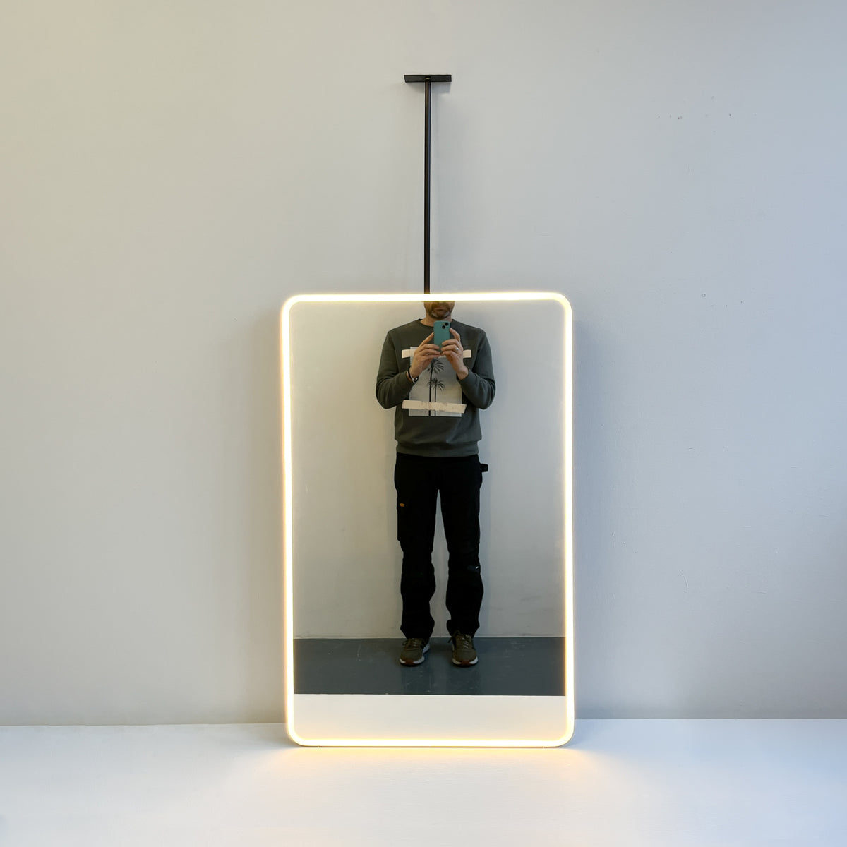 Ceiling Suspended Rectangular Mirror with Bronze Patina Full Frame and Front Illumination