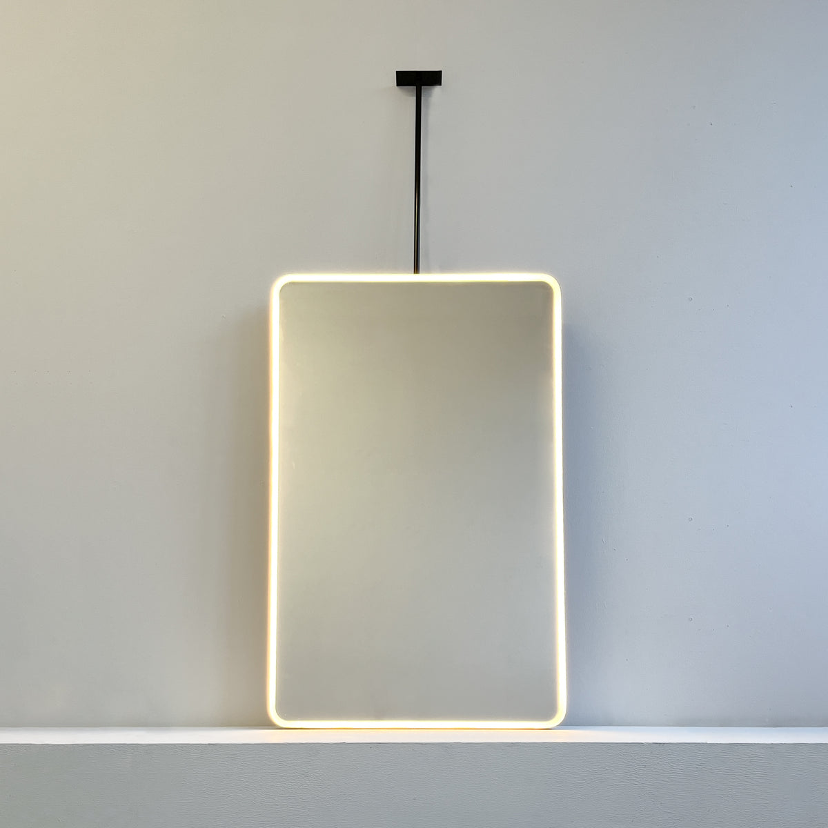 Ceiling Suspended Rectangular Mirror with Bronze Patina Full Frame and Front Illumination
