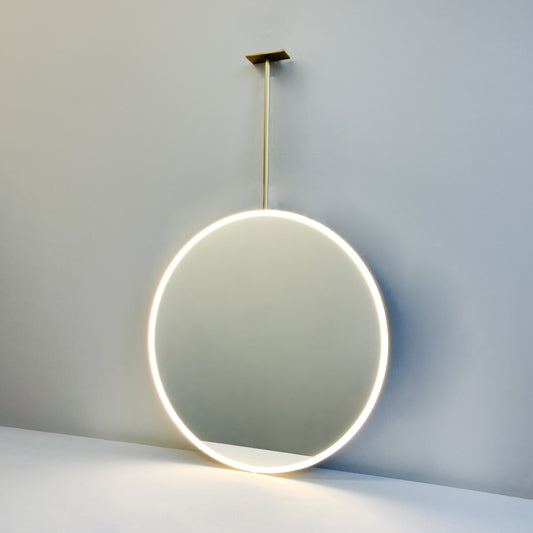 Orbis™ Ceiling Suspended Round Mirror with Brass Frame and Front Illumination