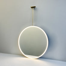 Orbis™ Ceiling Suspended Round Mirror with Brass Frame and Front Illumination