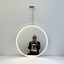 In Stock Orbis™ Ceiling Suspended Round Mirror with Brass Frame and Front Illumination
