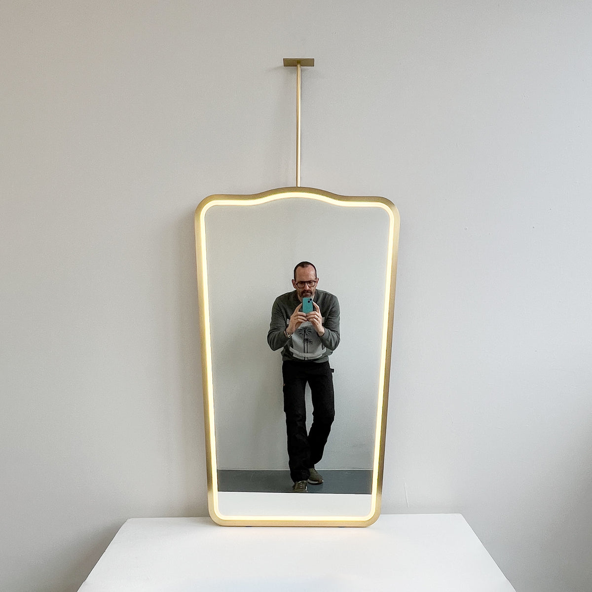 Vintage Inspired Ceiling Suspended Illuminated Mirror with Brass Frame