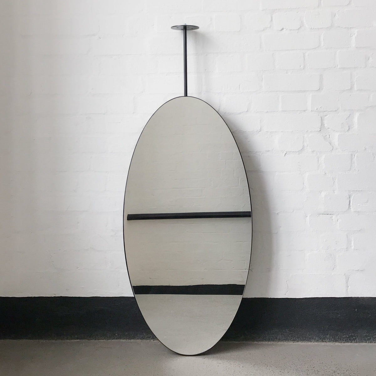 Ovalis™ Ceiling Suspended Pendant Mirror with a Modern Matte Black Frame