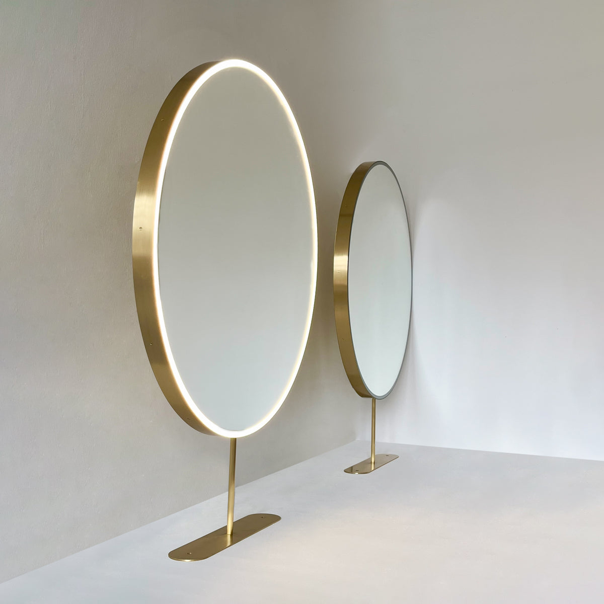 Set of Two Orbis™ Modern Countertop Round Illuminated Bathroom Mirrors with Brass Frame