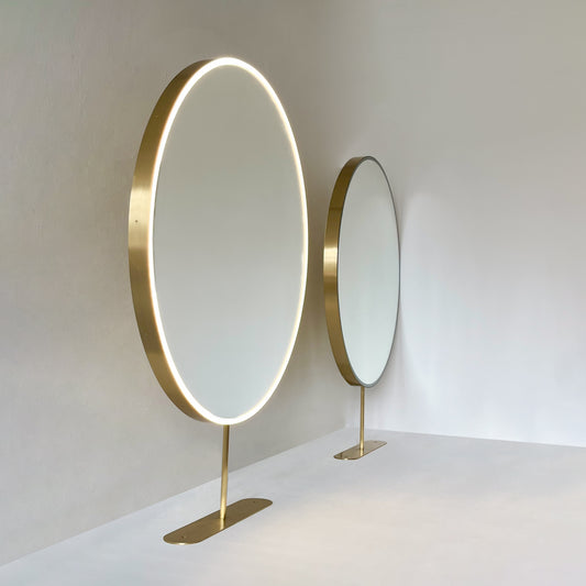 Set of Two Orbis™ Modern Countertop Round Illuminated Bathroom Mirrors with Brass Frame