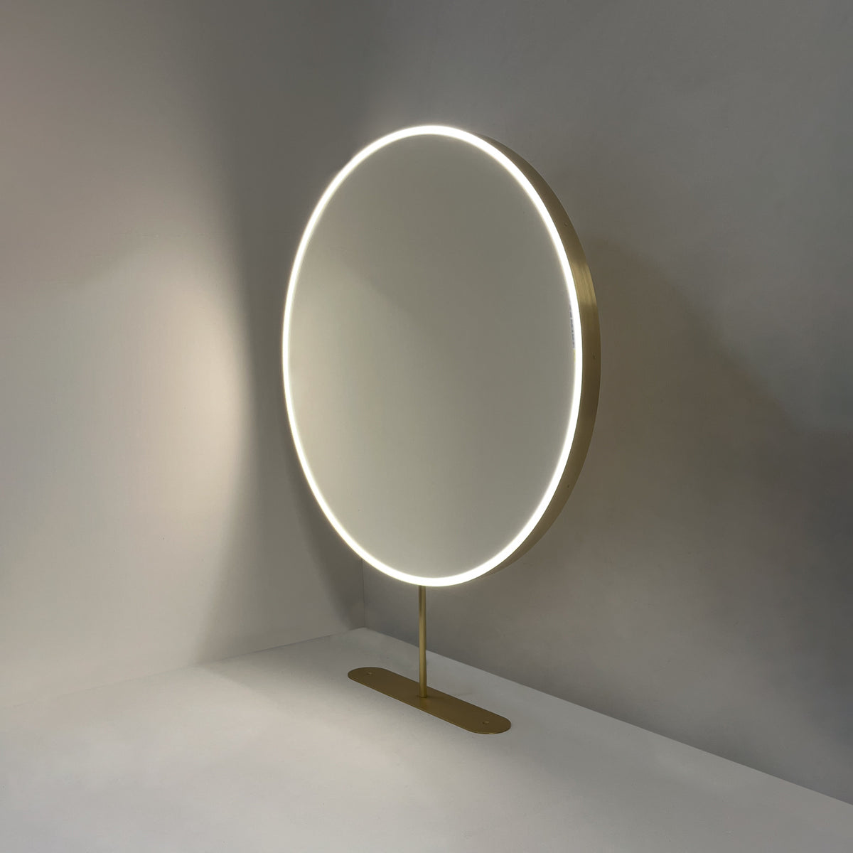 Set of Two Orbis™ Modern Countertop Round Illuminated Bathroom Mirrors with Brass Frame