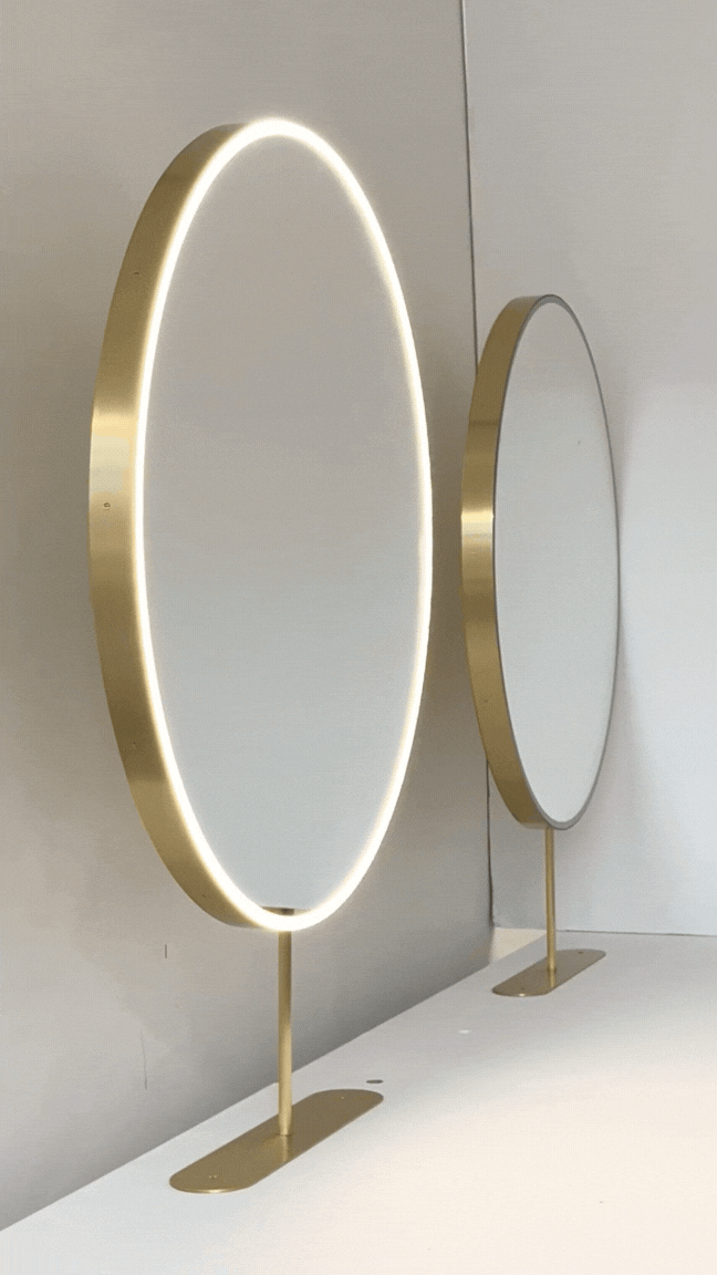 Set of Two Orbis™ Modern Countertop Round Illuminated Bathroom Mirrors with Brass Frame
