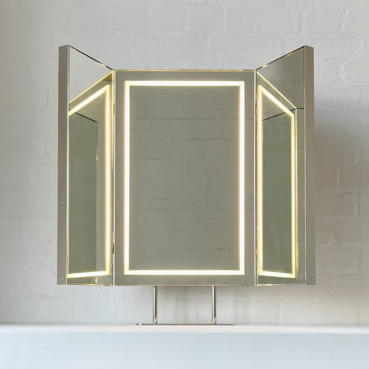 Illuminated Triptych Countertop Mirror with Minimalist Nickel Plated Frame
