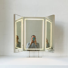 Illuminated Triptych Countertop Mirror with Minimalist Nickel Plated Frame
