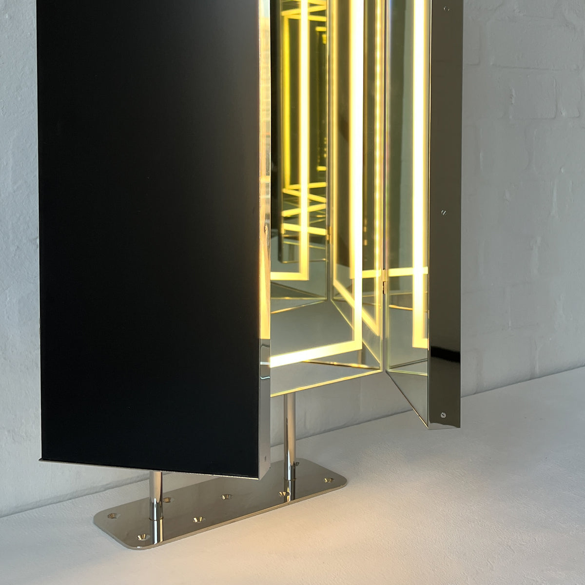 Illuminated Triptych Countertop Mirror with Minimalist Nickel Plated Frame