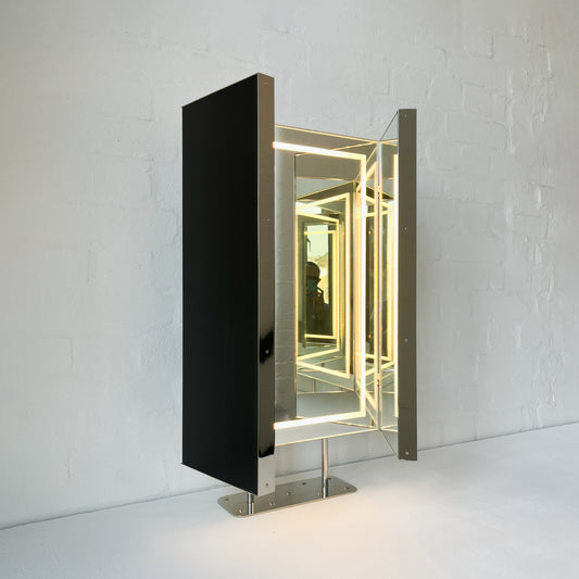 Illuminated Triptych Countertop Mirror with Minimalist Nickel Plated Frame