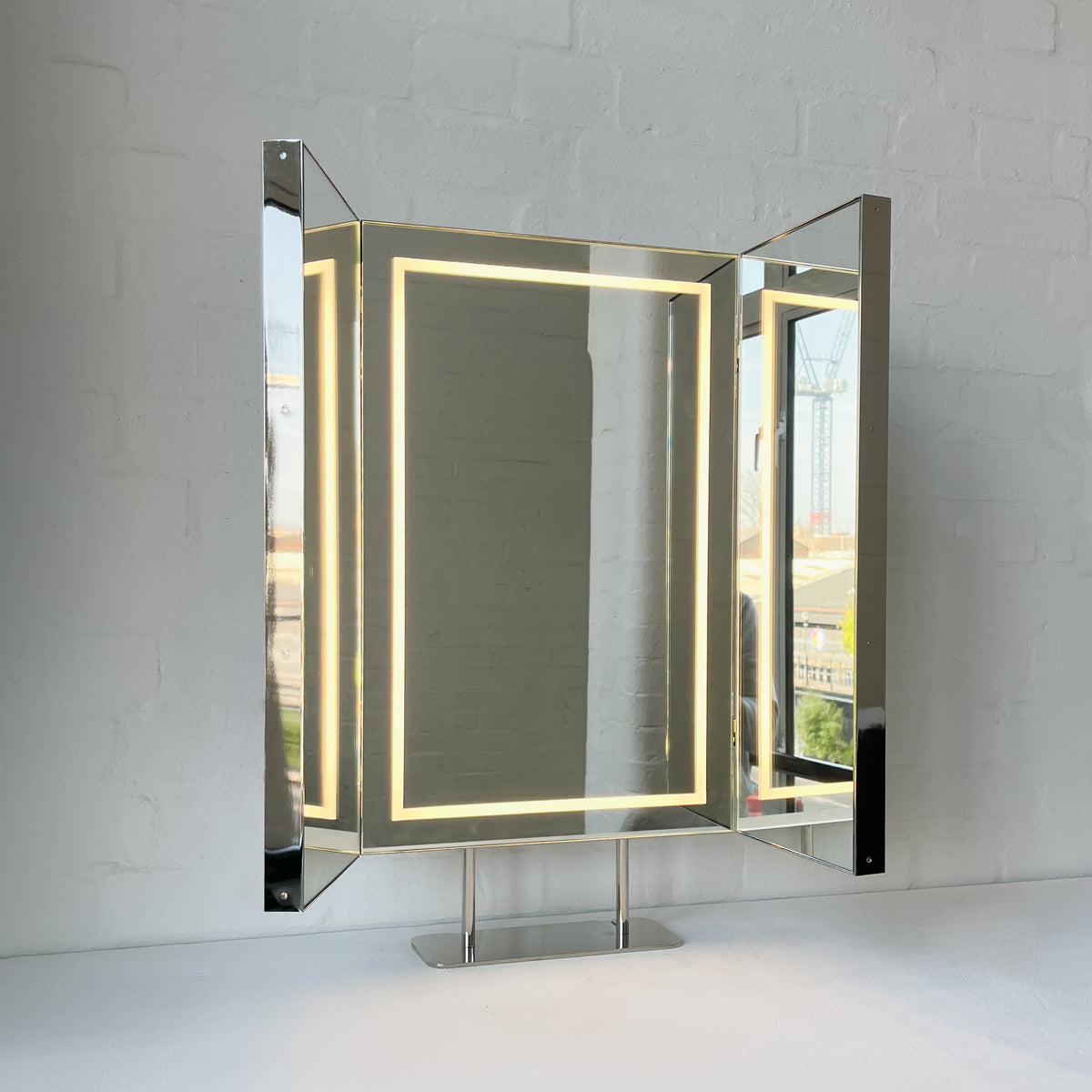 Illuminated Triptych Countertop Mirror with Minimalist Nickel Plated Frame