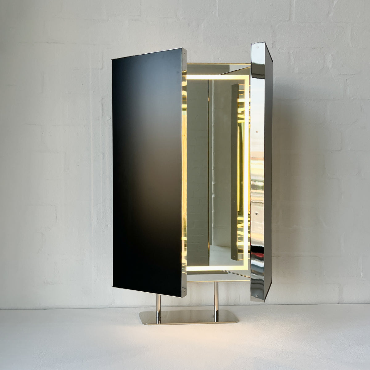 Illuminated Triptych Countertop Mirror with Minimalist Nickel Plated Frame
