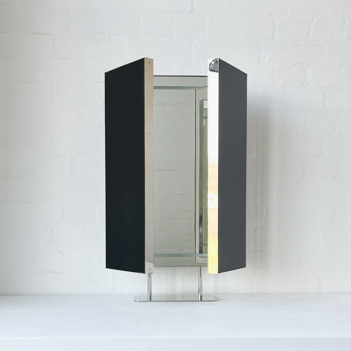 Illuminated Triptych Countertop Mirror with Minimalist Nickel Plated Frame