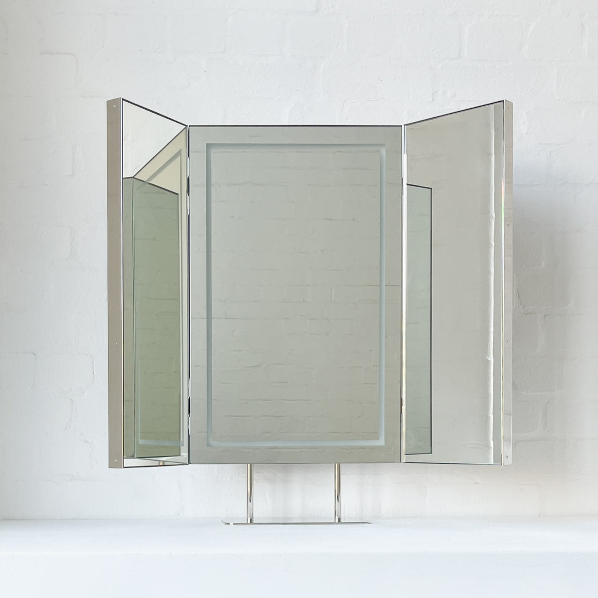 Illuminated Triptych Countertop Mirror with Minimalist Nickel Plated Frame